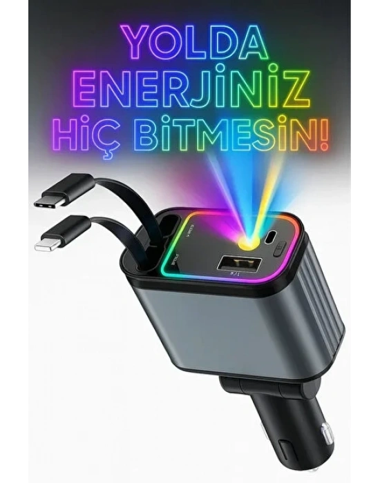 66w Araç Şarj Cihazı | 4in1 Geri Çekilebilir Kablo | Type-c + Lightning | Yıldızlı Tavan Efekti