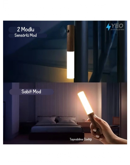 Sensörlü Usb Şarjlı Mıknatıslı Taşınabilir Duvar Aplik Masa Lambası Ahşap Görünümlü Gün Işığı
