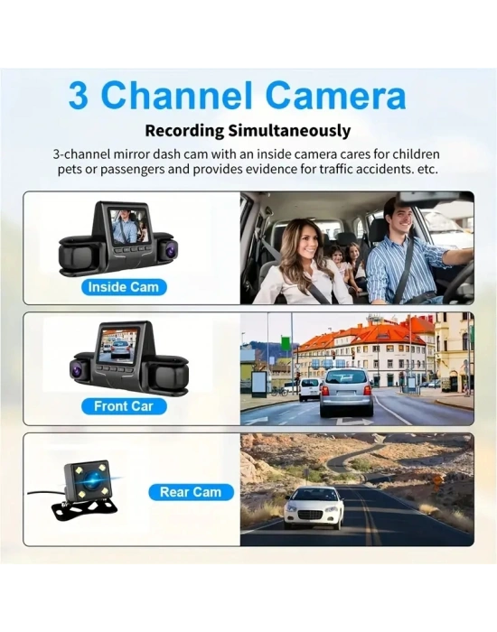 1080p Üçlü Lens Araba Dash Cam Dashcam Ön İç & Arka Hd Araba Dvr 120 ° Açı Döngü Kaydı