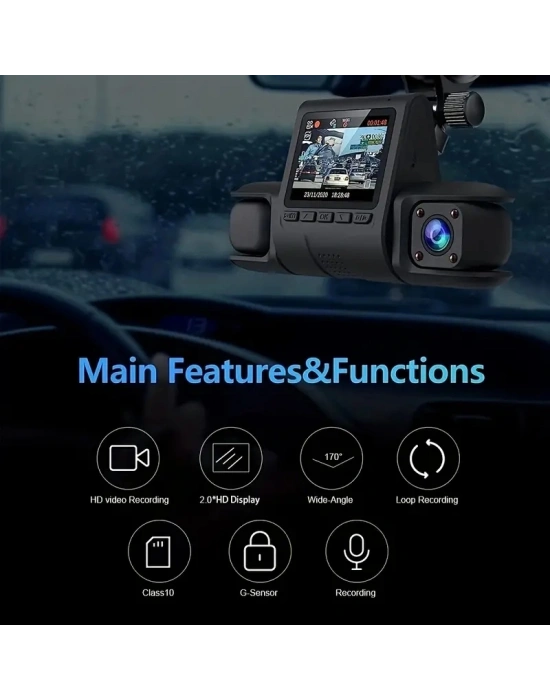 1080p Üçlü Lens Araba Dash Cam Dashcam Ön İç & Arka Hd Araba Dvr 120 ° Açı Döngü Kaydı