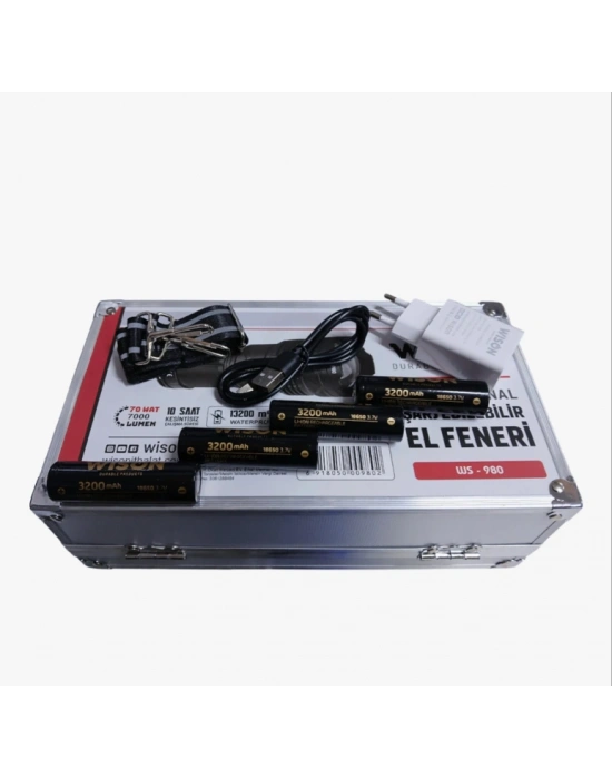 Wıson 980 Profesyonel Zoomlu El Feneri | 60w – 7000 Lümen – 13.200 Mah – Type‑c – Metal Gövde