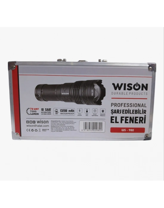 Wıson 980 Profesyonel Zoomlu El Feneri | 60w – 7000 Lümen – 13.200 Mah – Type‑c – Metal Gövde