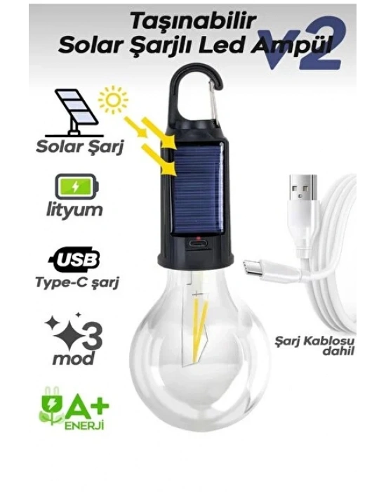 Panther Pt-331 (solar & Usb Şarj) (seyyar Ampul Model=rustik) Kamp Lambası (mandallı Kanca Askılık) (3-kademe Işık)*120