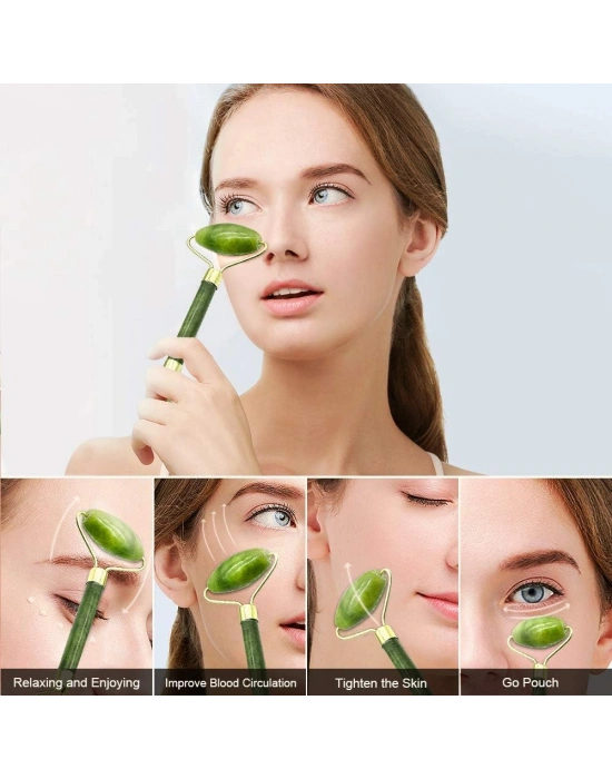Egonex Yeşil doğal yeşim taşı yüz masaj aleti ve kalp gua sha yüz bakım taşı 2li set jade face roller