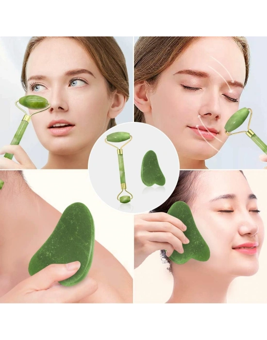 Egonex Yeşil doğal yeşim taşı yüz masaj aleti ve kalp gua sha yüz bakım taşı 2li set jade face roller
