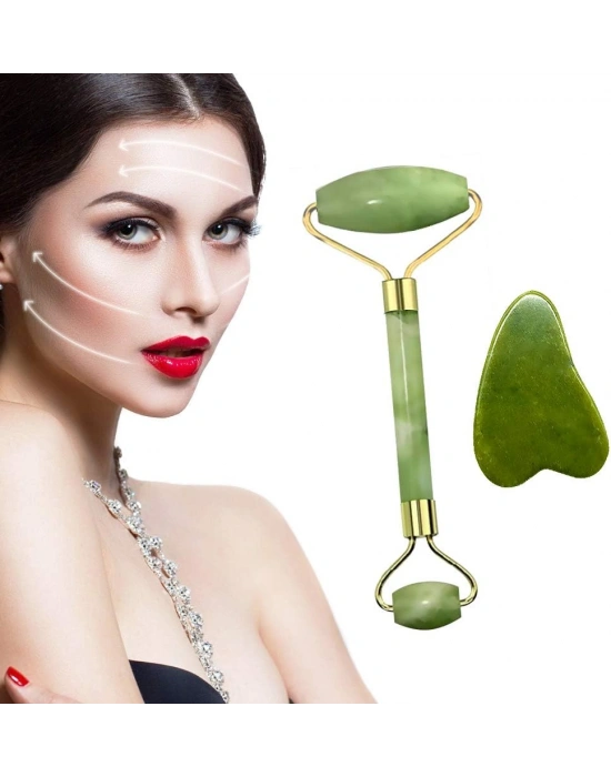 Egonex Yeşil doğal yeşim taşı yüz masaj aleti ve kalp gua sha yüz bakım taşı 2li set jade face roller