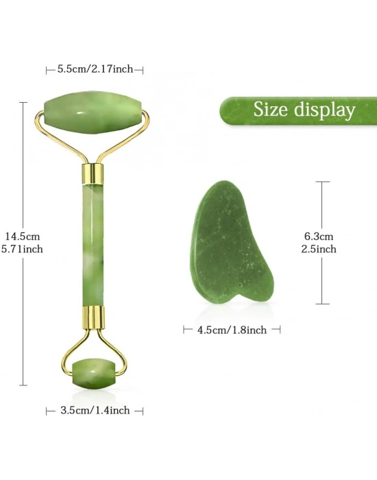 Egonex Yeşil doğal yeşim taşı yüz masaj aleti ve kalp gua sha yüz bakım taşı 2li set jade face roller