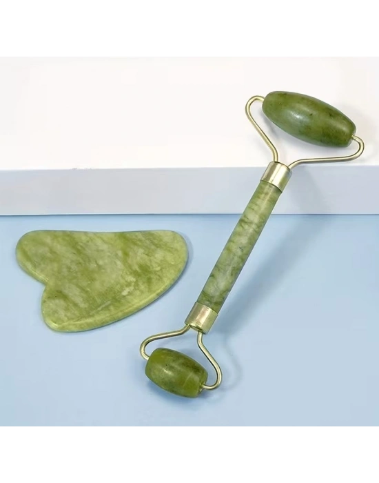 Egonex Yeşil doğal yeşim taşı yüz masaj aleti ve kalp gua sha yüz bakım taşı 2li set jade face roller