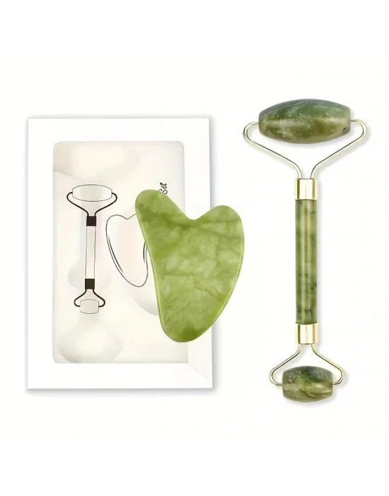 Egonex Yeşil doğal yeşim taşı yüz masaj aleti ve kalp gua sha yüz bakım taşı 2li set jade face roller