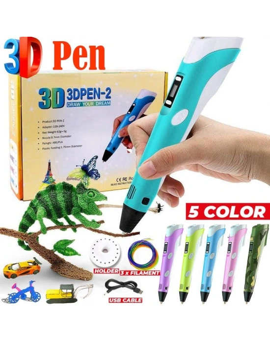 3d Kalem - 3d Pen Baskı Kalemi Yazıcı Printer + 5 Renk Filament