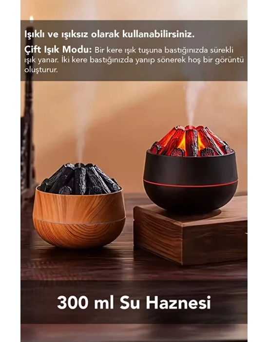 Egonex Ahşap Odun Ateşi Tasarımlı Hava Nemlendiricisi-Buhar Makinası-Aroma Difüzörü Led Işık Volkanik Alev 300ml