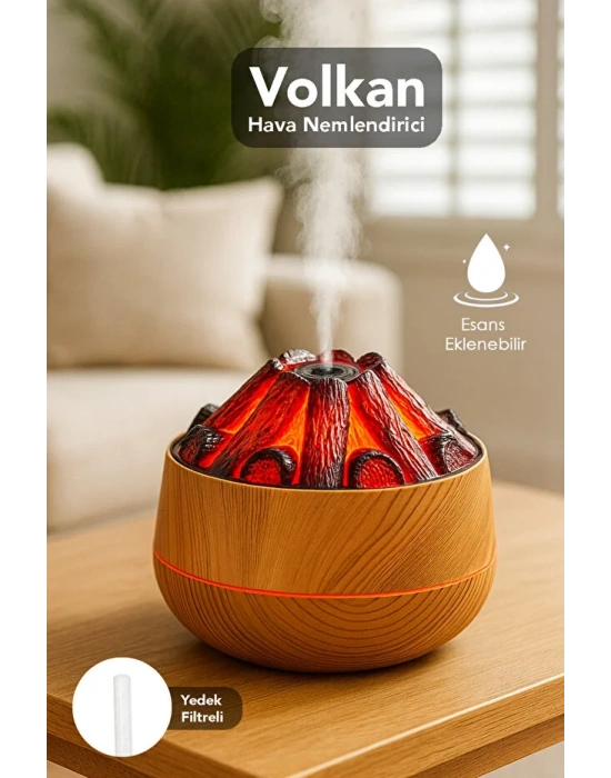 Egonex Ahşap Odun Ateşi Tasarımlı Hava Nemlendiricisi-Buhar Makinası-Aroma Difüzörü Led Işık Volkanik Alev 300ml
