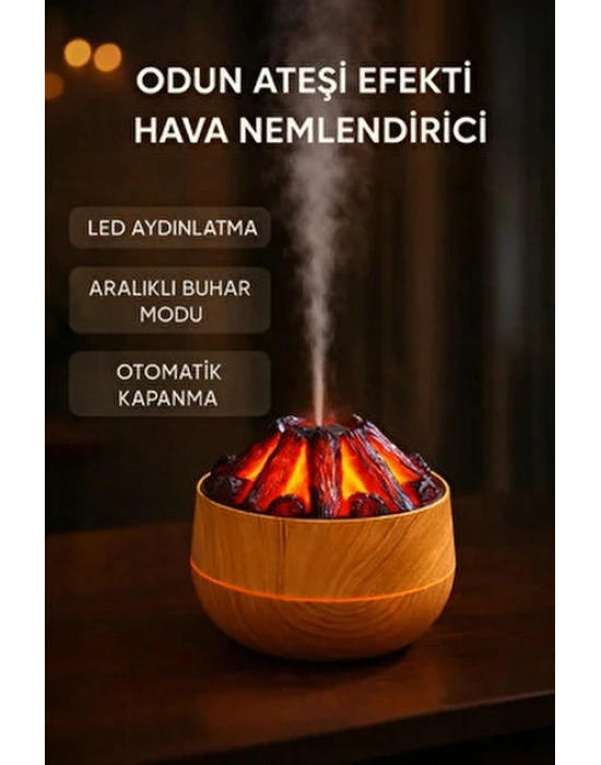 Egonex Ahşap Odun Ateşi Tasarımlı Hava Nemlendiricisi-Buhar Makinası-Aroma Difüzörü Led Işık Volkanik Alev 300ml