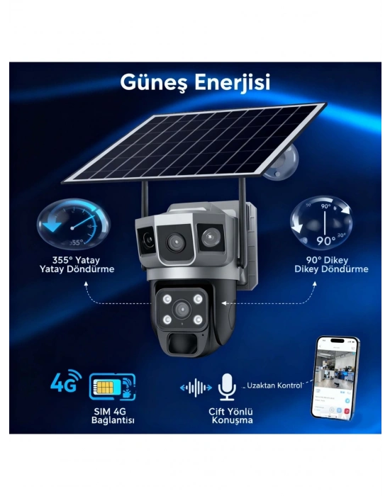 Solar Güneş Enerjili Çift Lens Dış Mekan Güvenlik Kamerası