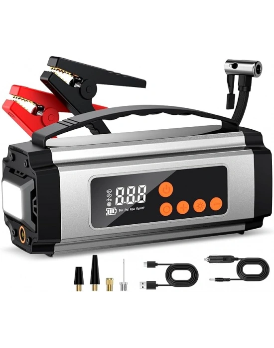 Pro Akü Takviye Şarj Cihazı 10000 Mah Akü Takviye Cihazı Akü Şarj Cihazı Lastik Şişirme Pompası 4in1 Jump Starter