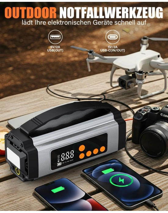 Pro Akü Takviye Şarj Cihazı 10000 Mah Akü Takviye Cihazı Akü Şarj Cihazı Lastik Şişirme Pompası 4in1 Jump Starter