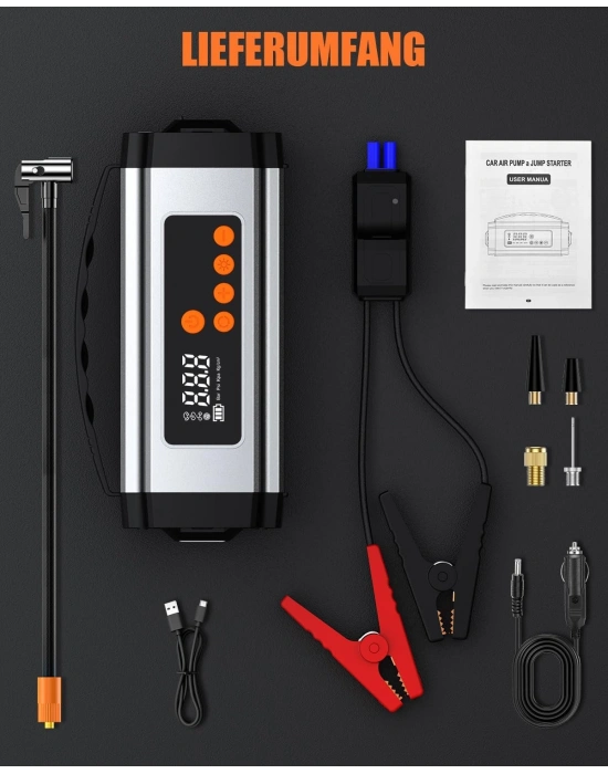 Pro Akü Takviye Şarj Cihazı 10000 Mah Akü Takviye Cihazı Akü Şarj Cihazı Lastik Şişirme Pompası 4in1 Jump Starter