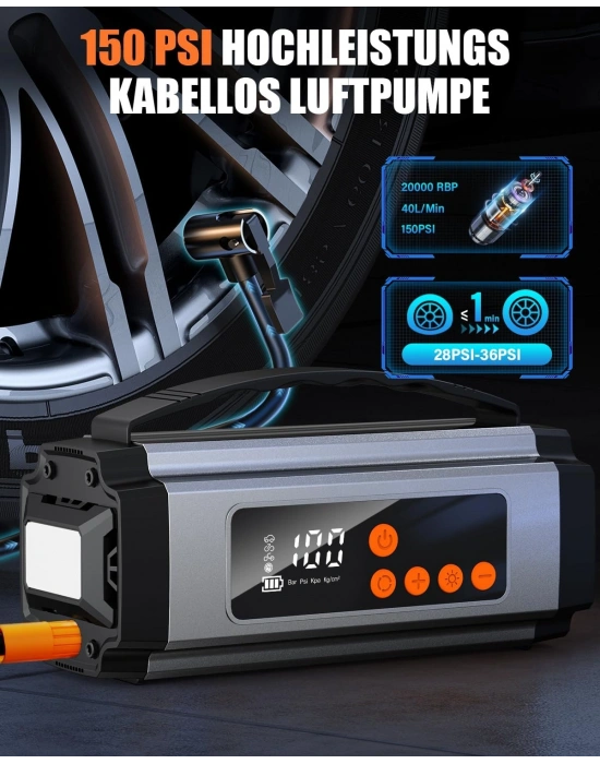 Pro Akü Takviye Şarj Cihazı 10000 Mah Akü Takviye Cihazı Akü Şarj Cihazı Lastik Şişirme Pompası 4in1 Jump Starter