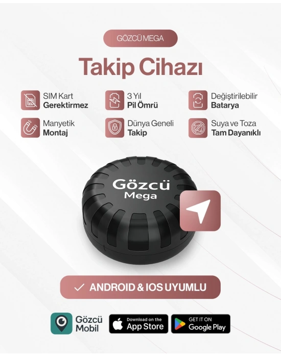 Gözcü Mega Android ve İos Uyumlu Takip Cihazı 3 Yıl Pil Ömrü Geçmişe Dönük Konum Gps Araç Motor Çocuk Gizli