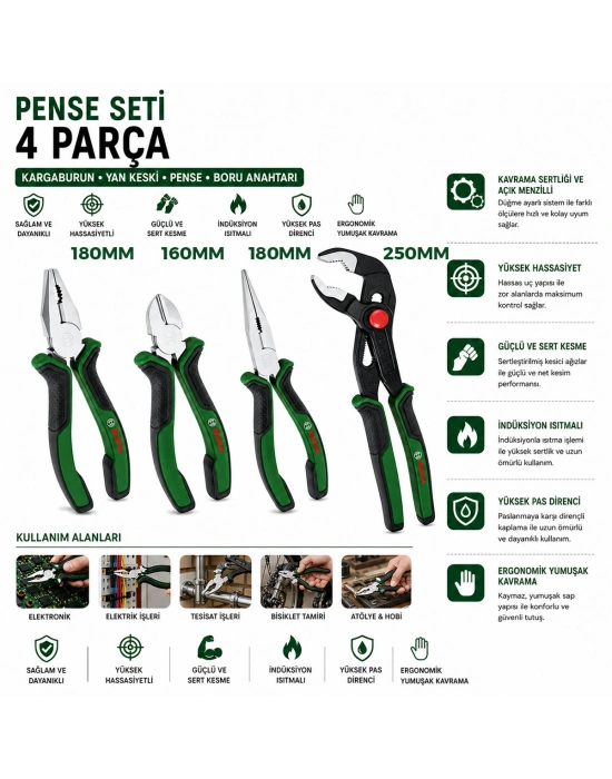 Egonex Bosch-1 600 A02 W7k ( 621 ) ( 4pcs ) Pense Seti ( 10 Papağan Pense & 7 Pense - 6 Yan Keski - 7 Kargaburnu ) ( 60 ± Kesme Sertlik )*6