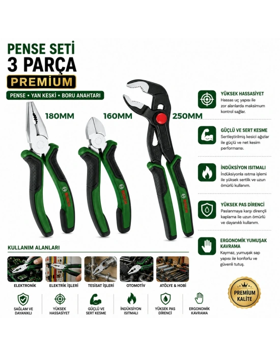 Egonex Bosch-1 600 A02 W7j ( 427 )( 3pcs ) Premıum Pense Seti ( 10 Papağan Pense & 7 Pense - 6 Yan Keski ) ( 60 ± Kesme Sertlik )*6