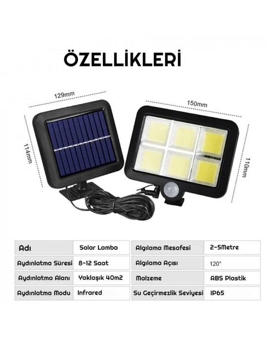 Egonex 120 Cob Led Solar Panel Güneş Enerjili 3 Mod Duvar Lambası