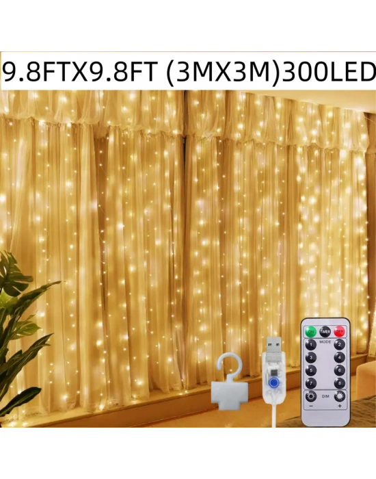 Egonex 300 Ledli 10 Sarkıt Perde Led Işık-8 Fonksiyon, Uzaktan Kumandalı, 3x3 Metre