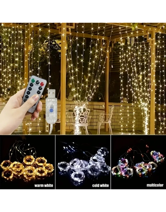 Egonex 300 Ledli 10 Sarkıt Perde Led Işık-8 Fonksiyon, Uzaktan Kumandalı, 3x3 Metre