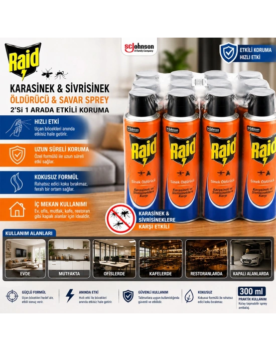 Egonex Raid ( Sprey= Kokusuz ) Karasinek & Sivrisinek Öldürücü & Savar İlaç Sprey ( 300ml )*12x4