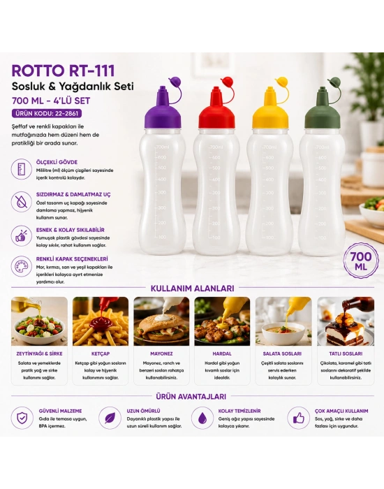 Egonex Rotto Rt-111 ( 700ml ) ( Yağdanlık & Sosluk ) (şeffaf & Plastik Şişe ) (renkli Kapak) ( Ölçekli ) ( Ketçap & Mayonez )*24=k