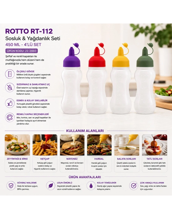 Egonex Rotto Rt-112 ( 450ml ) ( Yağdanlık & Sosluk ) (şeffaf & Plastik Şişe ) (renkli Kapak) (ölçekli) (ketçap & Mayonez)*24=k