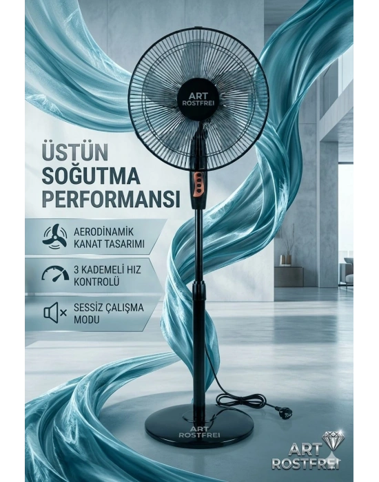 Egonex Siyah 16 İnç Ayaklı Vantilatör 3 Kademeli Yüksek Devirli Motor Hızı Kafesi 41cm