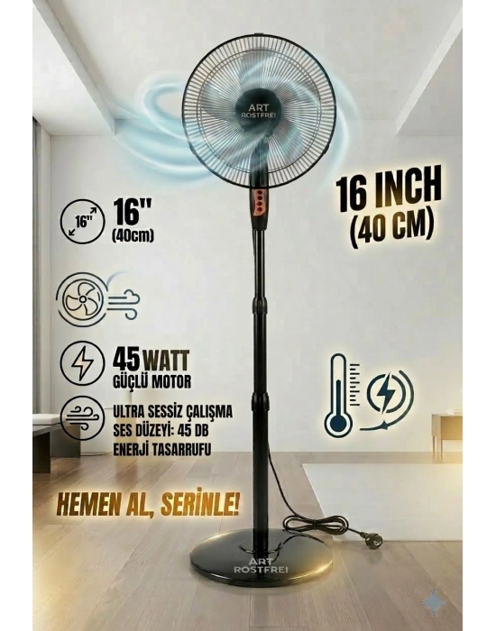 Egonex Siyah 16 İnç Ayaklı Vantilatör 3 Kademeli Yüksek Devirli Motor Hızı Kafesi 41cm
