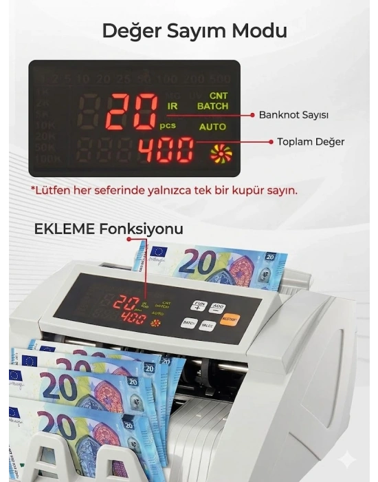 Egonex TL, USD, EUR Karışık Para Sayma Makinesi Geçersiz Para Tespit Özellikli