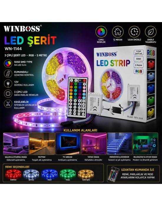 Egonex Wınnboss Strıp Lıght Wn-1144 ( 3çip & 5mt ) Rgb ( Kumandalı ) Şerit Led ( 5050 Smd Type & 54 Led S/m )*60