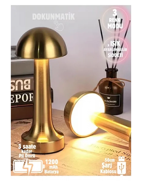 Forlife Dekoratif Şarjlı Led Mantar Masa Lambası Gold Fl-8055