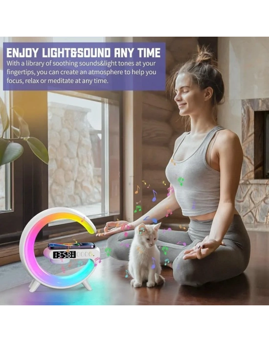 G Lamba Kablosuz Şarj Özellikli Saat & Alarm Led Işıklı Bluetooth Hoparlör Masa Lambası