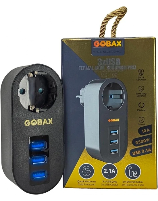 Gobax Termal Akım Korumalı Akıllı Priz 3xusb Li, Çocuk Korumalı, Led Işıklı, Yüksek Isıya Dayanıklı