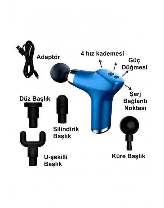 Gold Orion Kompakt Güç Şarjlı Masaj Tabancası - 4 Başlıklı 4 Hız Kademeli Tüm Vücut Masaj Aleti OR-001