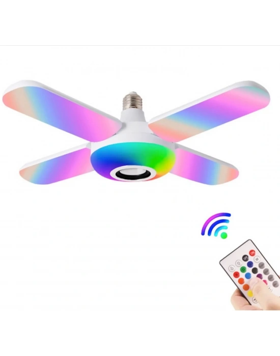 Lamba 4 Kanatlı E27 Duya Takılan Kumandalı Katlanabilir Led Müzik Lamba Işığı Avize Bluetooth Hoparlör