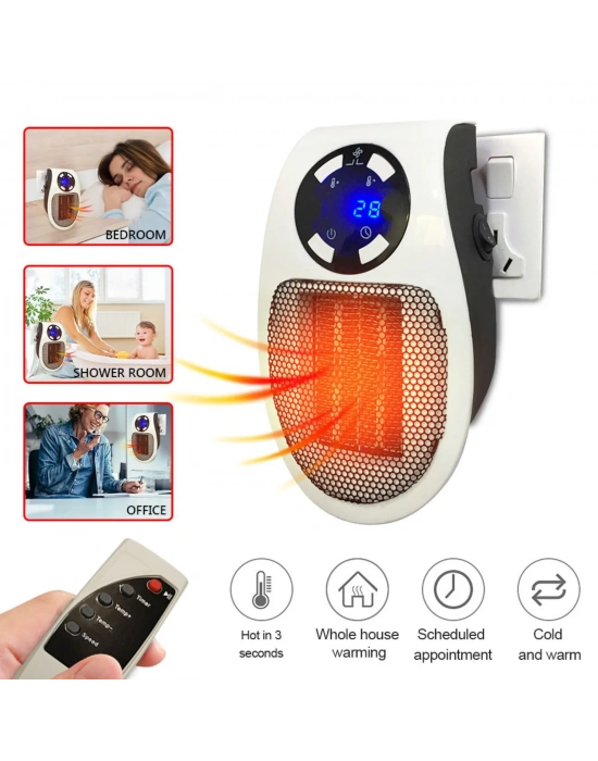 Priz Tipi Uzaktan Kumandalı Taşınabilir Isıtıcı Zamanlayıcı - Otomatik Kapanma 500w
