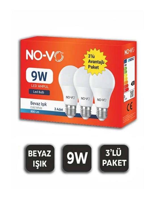 Novo 3’lü Led Ampul 9w Beyaz Işık E27