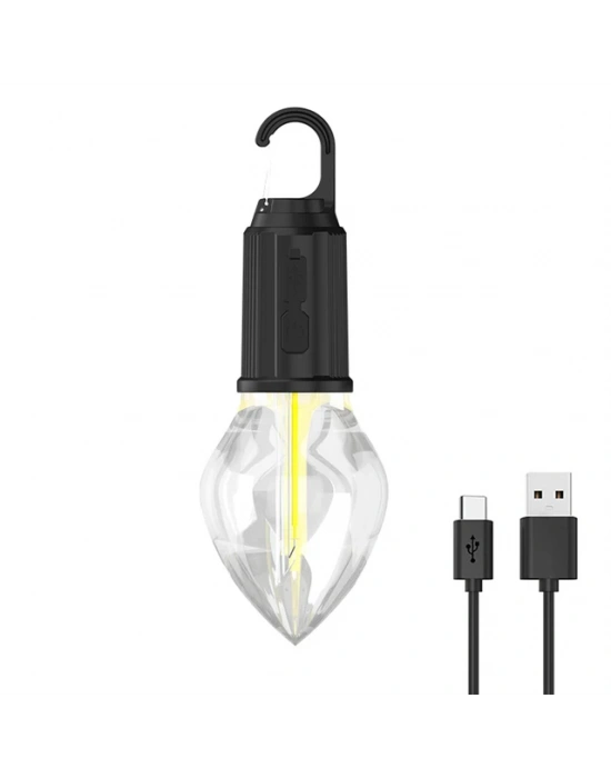 Rustik Taşınabilir Şarjlı Tasarruflu Ampul 10w Led Lamba Type-c Şarj Askılı Asma Aydınlatma T03