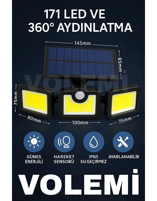 Volemi Üçlü Solar Led Projektör – Beyaz Işık – Sensörlü Dış Mekân Aydınlatma