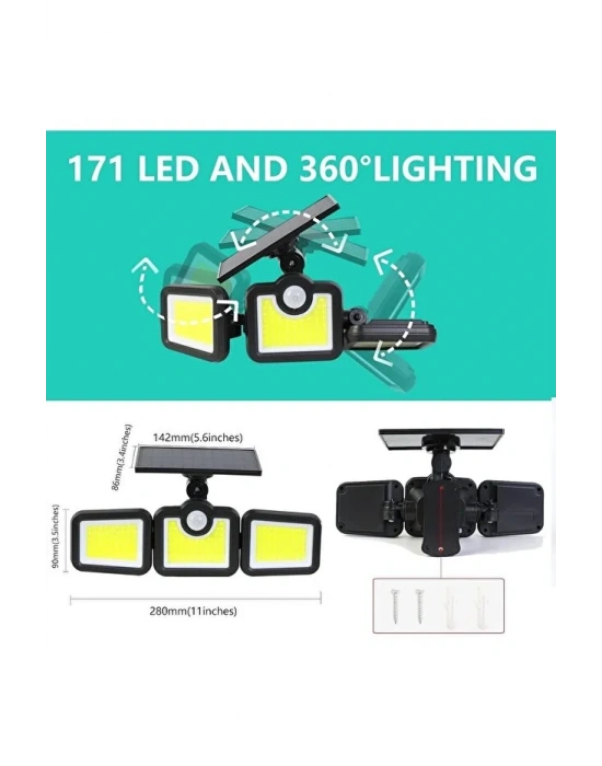 Volemi Üçlü Solar Led Projektör – Beyaz Işık – Sensörlü Dış Mekân Aydınlatma