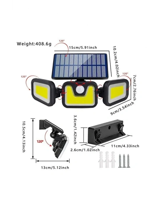 Volemi Üçlü Solar Led Projektör – Beyaz Işık – Sensörlü Dış Mekân Aydınlatma