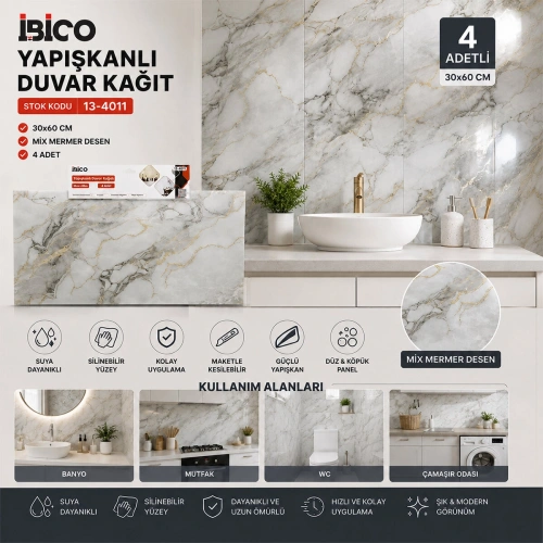 Egonex İbico İ13-085 ( 4pcs ) ( 30x60cm ) ( Düz & Panel ) ( Mix Mermer Desen ) Yapışkanlı Duvar Kağıt*60=k