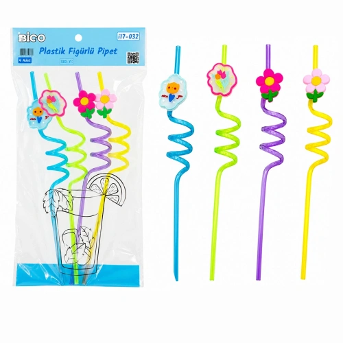 Egonex İbico İ17-032 ( 4pcs ) ( Kıvrımlı & Renkli Plastik ) Pipet ( Figürlü=mix )*240