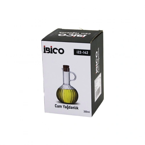 Egonex İbico İ22-142 ( Mini ) ( Cam ) Yağdanlık ( Çizgili Desen ) ( 300ml ) ( Ahşap Bambu Mantar Tıpa )*48
