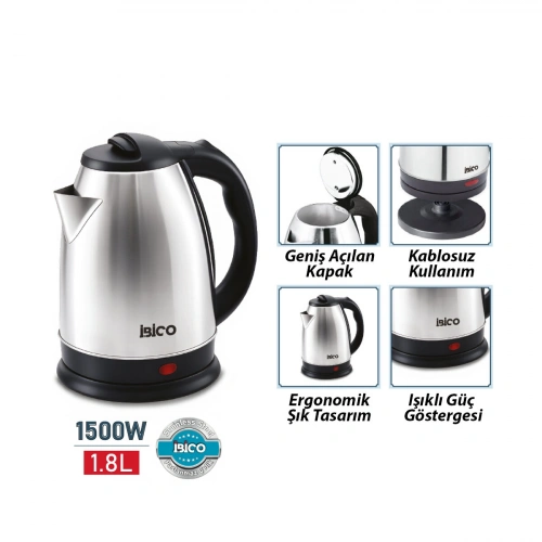 Egonex İbico Mtf-001 ( Çelik ) Kettle Elektrikli Su Isıtıcısı ( Paslanmaz Çelik Gizli Rezistans ) ( 360° ) ( 1.8lt ) ( 1500w )*6